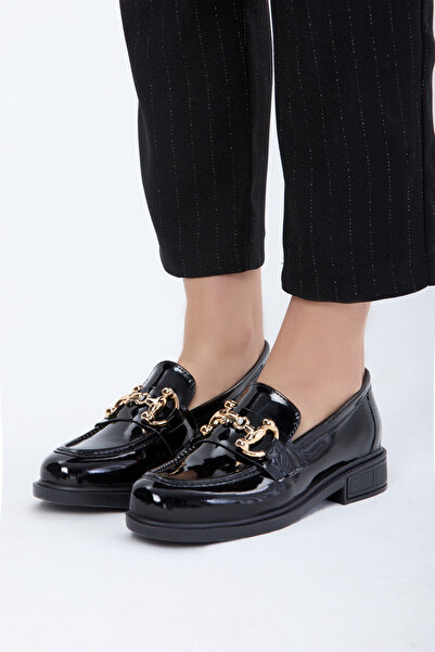 TOFİSA حذاء باليرينا جلد أسود لامع للنساء - 24125