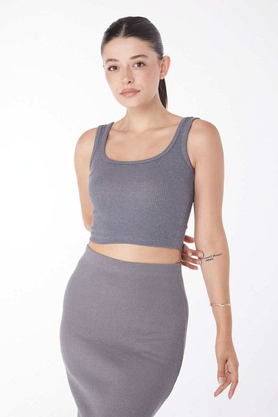 TOFİSA Square Neck Short Sleeve Crop Smoked - 24439