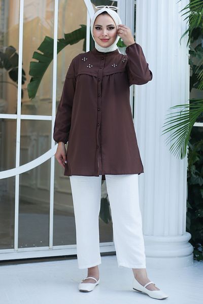 TOFİSA Straight Judge Collar Women's Brown Tunic - 10766