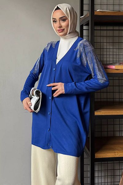 julude Sax Blue Shoulder Stone Hijab Knitwear Cardigan