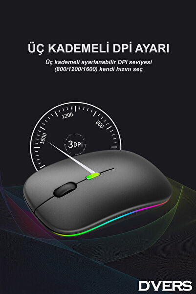 D'VERS Ultra Slim Usb 2.4ghz Siyah Ledli 800/1200/1600dpi Şarjlı Kablosuz Mouse Rgb Led Işıklı