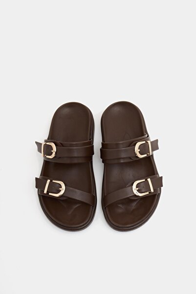 Madamra Brown Women's Double Buckle Casual Slippers – Comfortable Trendy Design