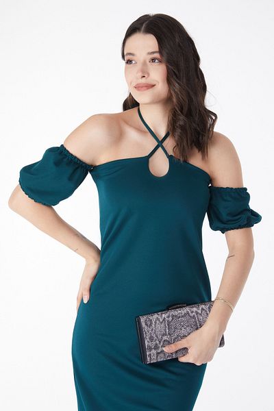 TOFİSA Rochie de seară pentru femei, cu mâneci prințesă verde, dreaptă, medie - 13189