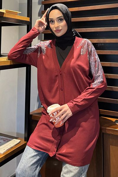 julude Burgundy Shoulder Stone Hijab Knitwear Cardigan