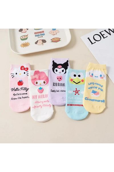 Miniso 34-40size 03 Kawaii Sanrio Hello Kitty Socks Anime Socks Harajuku Ship Socks Five Pairs Of Cartoon C