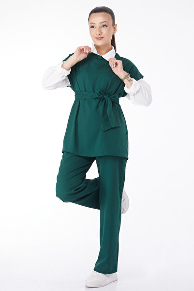 TOFİSA Green Short Sleeve Crew Neck Women's Double Suit - 13133