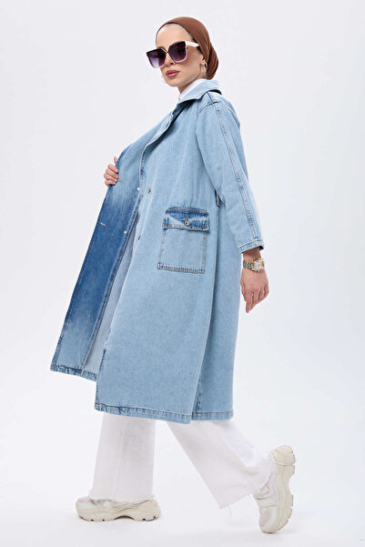 TOFİSA 23624-ICE-BLUE-BLUE Belted Side Pockets Denim Trench Coat