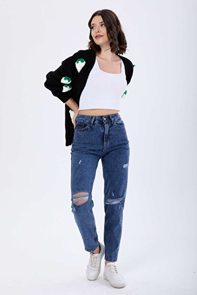 TOFİSA Джинси Mom Jeans з лазерною обробкою, темно-сині - 23810