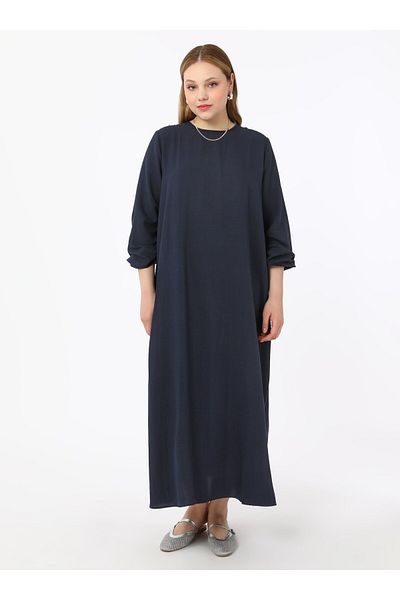 ALİA Large Size Basic Aerobin Dress with Elastic Sleeves - Navy Blue - Alia