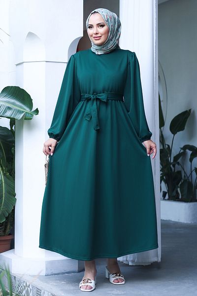 TOFİSA Green Gathered Γυναικείο Φόρεμα - Απλό Crew Neck - 13246