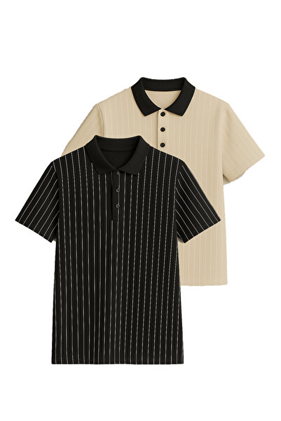 FATELLA Ανδρικό μπλουζάκι με 2 κουμπιά στο γιακά, με κάθετη γραμμή και μοτίβο...