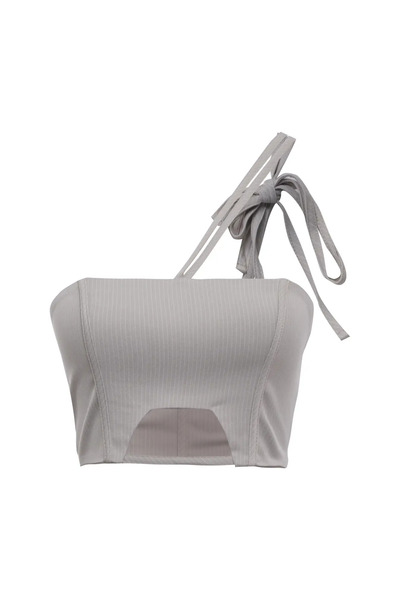 Keikei Bej dokuma kolsuz kısa crop top