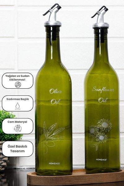 homence 750ml Drip-Free Oil Bowl - Floral Printed Glass Olive Oil and Sunflower Oil Set of 2