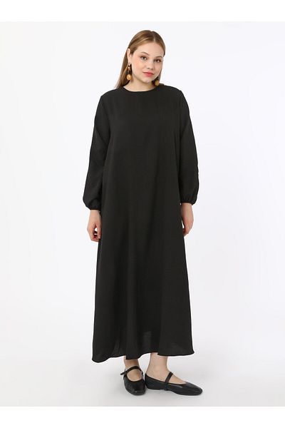 ALİA Plus Size Basic Aerobin Dress with Elastic Sleeves - Black - Alia