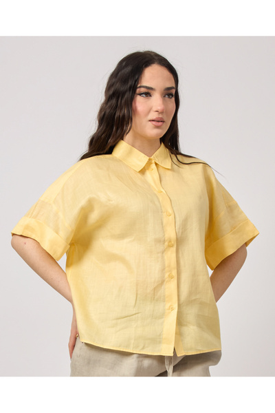 BOSS Kadın Gömlek Yaka Düğme Kapama Saten Parlak Kumaş Kısa Kol Sarı Bluz 50537918-736