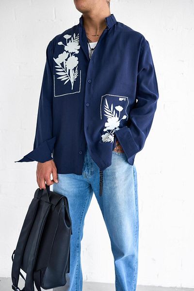 ablukaonline Ανδρικό πουκάμισο με υφή με στάμπα Oversize Casual Navy Blue