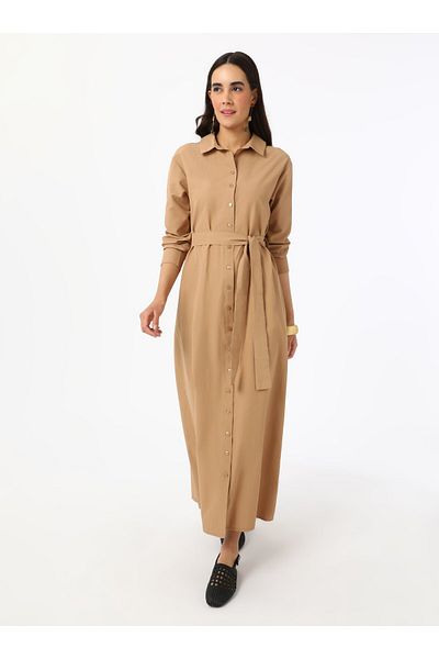 Refka Φόρεμα Hijab με λεπτομέρεια με κουμπιά Poplin - Camel - Refka