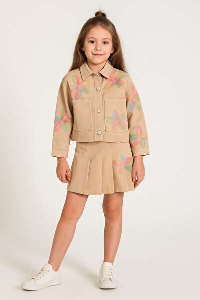wakawakakidsstore Set pentru fete cu buzunare și fustă cu aplicații florale bej