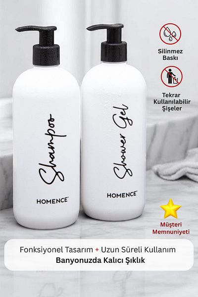 homence 2-Piece Bathroom Set with White Soap Dispenser - Shampoo, Shower Gel Printed Plastic Bottle