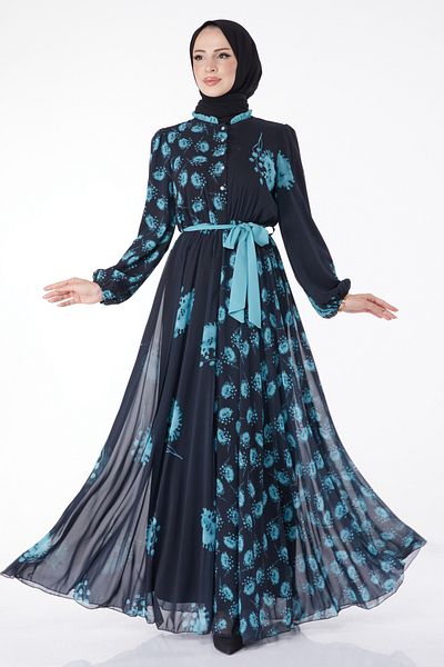 TOFİSA Βραδινό φόρεμα με ζώνη Navy Blue Mint - 25204