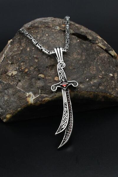 Prestige Kırmızı Zirkon Taşlı Hz. Ali Zülfikar Kılıcı 925 Ayar Gümüş Kolye Kr...