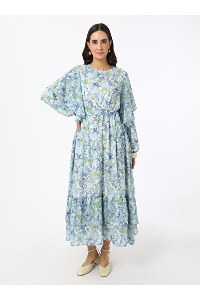 Refka Φόρεμα Hijab σιφόν με λουλουδάτο σχέδιο με λεπτομέρεια βολάν - Μπλε - Refka