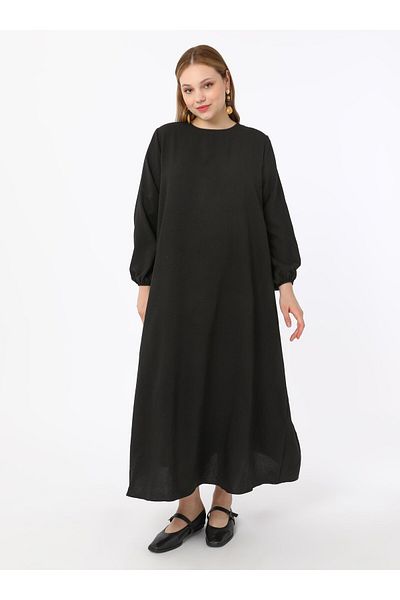 ALİA Plus Size Basic Aerobin Dress with Elastic Sleeves - Black - Alia
