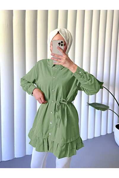 Modamorfo Green Hem Tiered Ruffled Buttoned Poplin Shirt Tunic