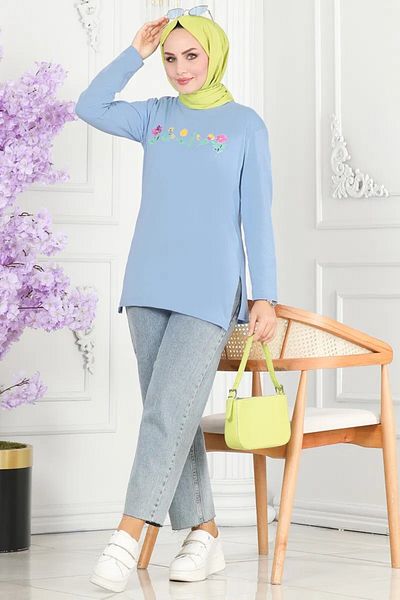 TOFİSA Tunica albastra cu imprimeu floral pentru femei Straight Medium - 26628