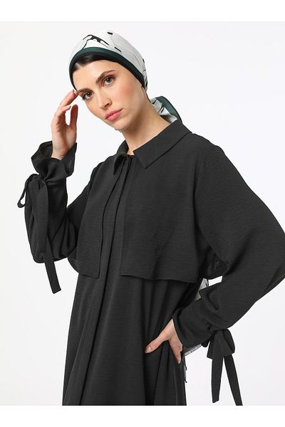 Refka Cap / Top Coat with Sleeve Binding Detail - Black - Refka