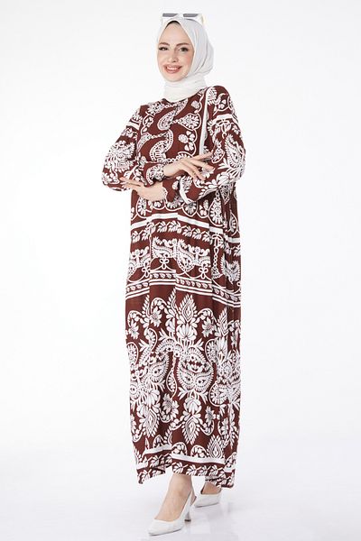 TOFİSA Patterned Colorful Dress Brown - 24988