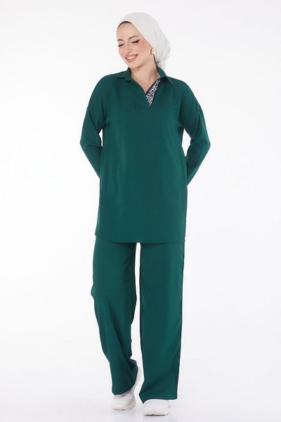 TOFİSA Green Tunic and Trousers Set - Plain Shirt Collar Women - 13201