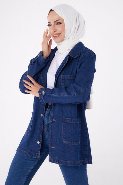 TOFİSA Double Breasted Denim Jacket Dark Blue - 24049