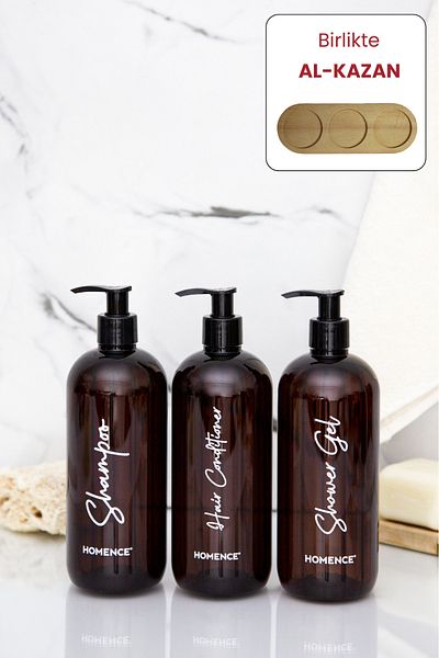 homence Shampoo Shower Gel Conditioner Printed Plastic Bottle Bathroom Set 3-Piece Amber Soap Dispenser 500 ml