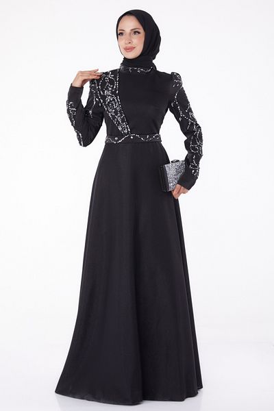 TOFİSA Stone Evening Dress Black - 26197