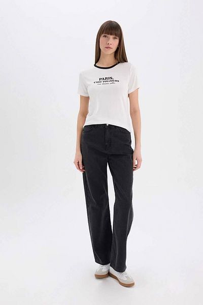 DeFacto Regular Fit Crew Neck Printed Ribbed Ecru Women's T-Shirt E5065Ax/Er105