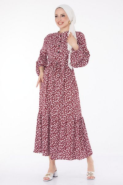 TOFİSA Buttoned Patterned Dress Claret Red - 25715