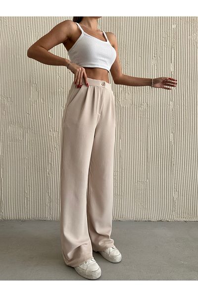 modazoom Cremefarbene Palazzo-Hose aus Lycra mit Falten und hoher Taille für Damen
