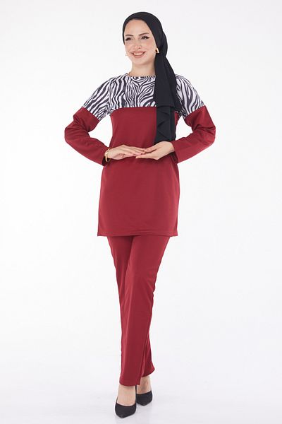 TOFİSA Leopard Garnished Double Suit Claret Red - 13210