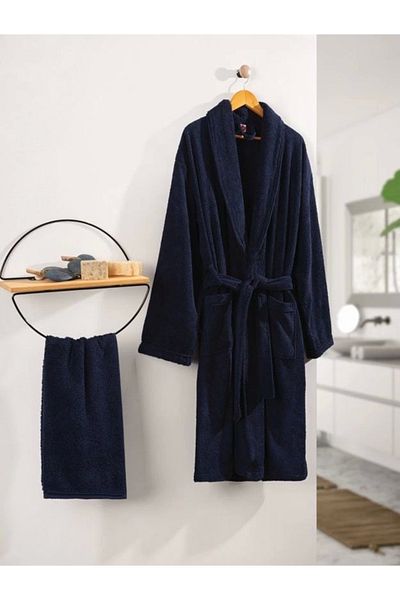 Angoravi Cotton Box Deluxe Single Bathrobe Set Navy Blue