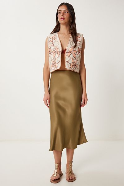 Lovelyİstanbul Fusta Midi din Satin KHAKI LNS0068