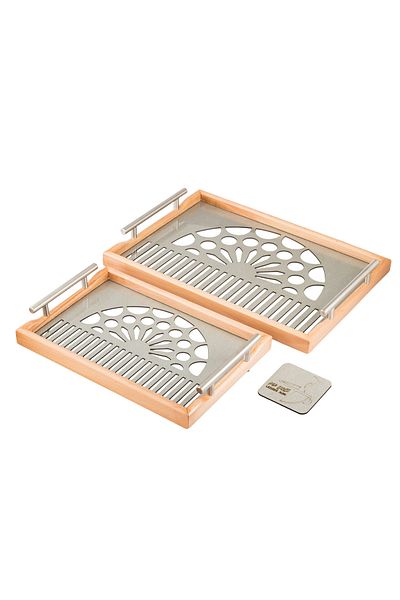 Dania A Set Of Wooden Trays And Bowls With Metal Handles And A Beautifully Engraved Glass-covered Base.