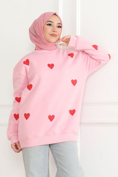 TOFİSA Women's Three Thread Crew Neck Heart Sweatshirt Pink - 26659