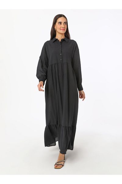 Benin Βαμβακερό φόρεμα Hijab με λεπτομέρεια βολάν - Μαύρο - Μπενίν