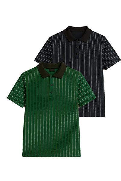 FATELLA Ανδρικό μπλουζάκι με 2 κουμπιά στο γιακά, με κάθετη γραμμή και μοτίβο...