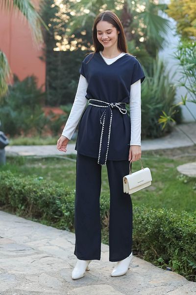 TOFİSA Κεντημένο διπλό κοστούμι Navy Blue - 13290
