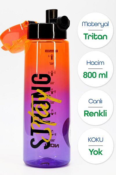 Telvesse Water Flask Tritan Wide Mouth Water Bottle Graffiti Sports Flask Waterer Bpa-Free 800ml Orange 0104