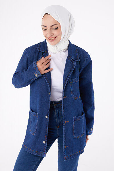 TOFİSA Double Breasted Denim Jacket Dark Blue - 24049