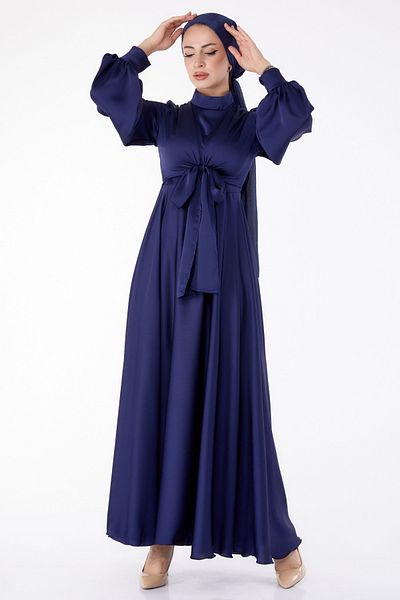 TOFİSA Βραδινό φόρεμα με μπροστινό δέσιμο Navy Blue - 25342