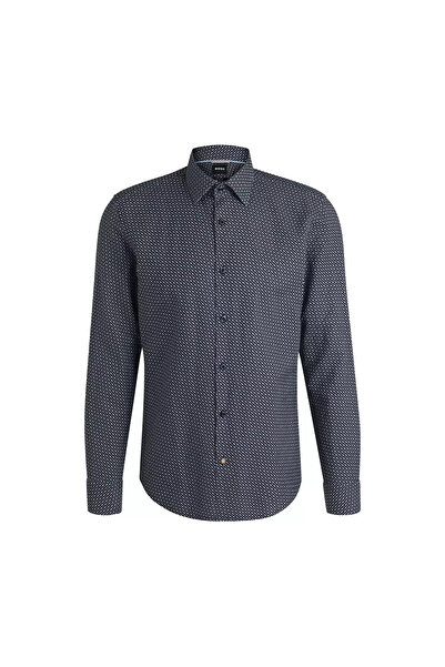 BOSS Erkek Normal Kalıp Desenli Keten Pamuk Karışımlı Uzun Kollu Lacivert Göm...